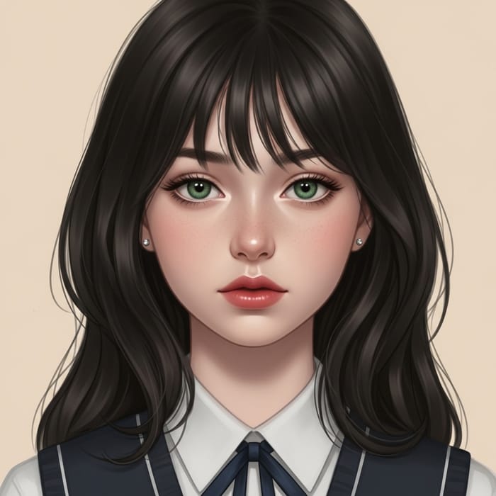Beautiful 15-Year-Old Girl with Black-Brown Hair, Green Eyes, and Rosy Lips