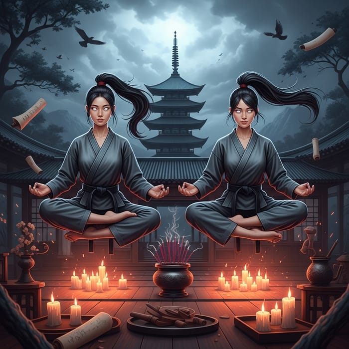 Levitating Korean American Women in Mystic Martial Arts Meditation Levitating Korean American Women in Mystic Martial Arts Meditation