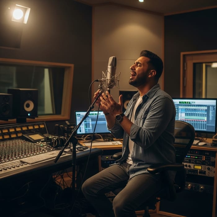 Male Singer in Modern Recording Studio