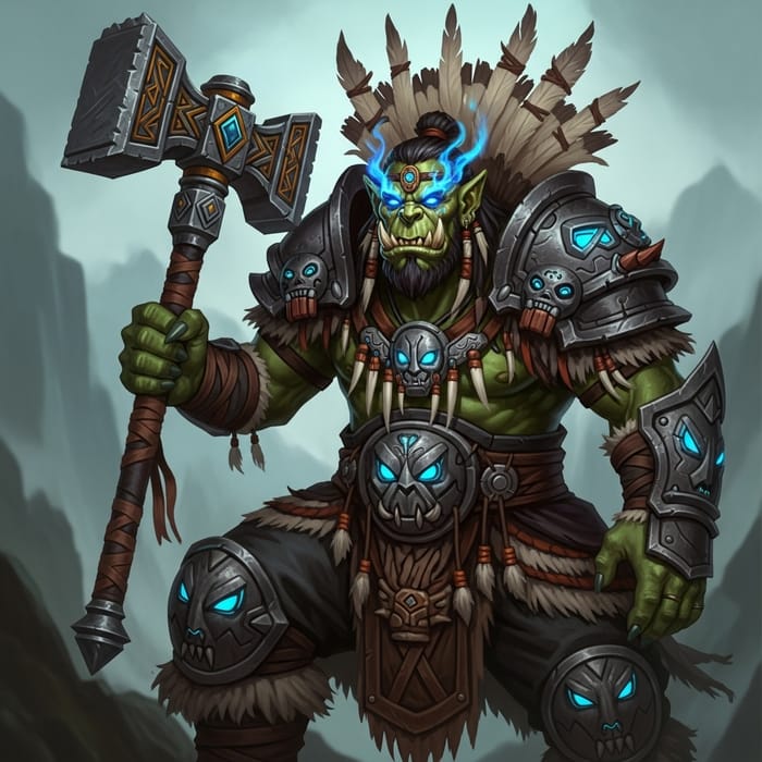 Mystical Orc Shaman wielding Warhammer with Blue Eyes