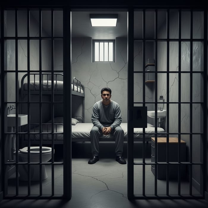 Solitary Confinement Image: Man Behind Bars in Prison Solitary Confinement Image: Man Behind Bars in Prison