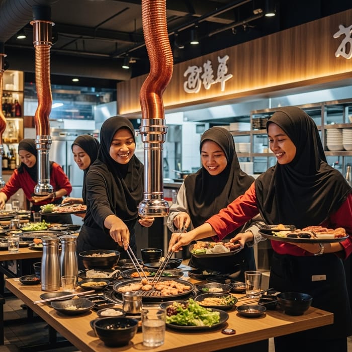 Malaysian Muslim Women in Tudung Enjoying Korean BBQ at Work Malaysian Muslim Women in Tudung Enjoying Korean BBQ at Work
