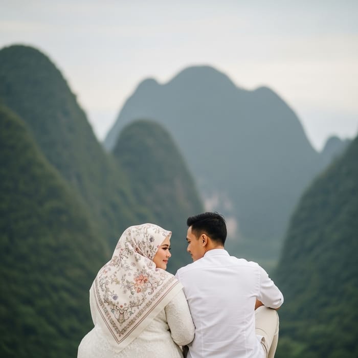 Romantic Southeast Asian Couple in Mountain Scenery Romantic Southeast Asian Couple in Mountain Scenery