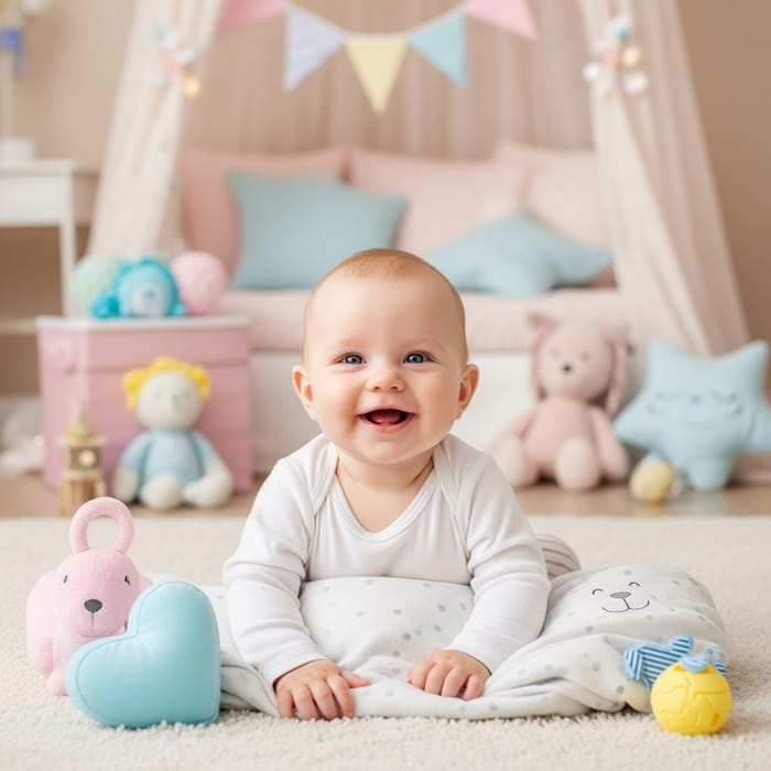 Adorable Baby Smiling in Cozy Decor | Sweet Childhood Scene Adorable Baby Smiling in Cozy Decor | Sweet Childhood Scene