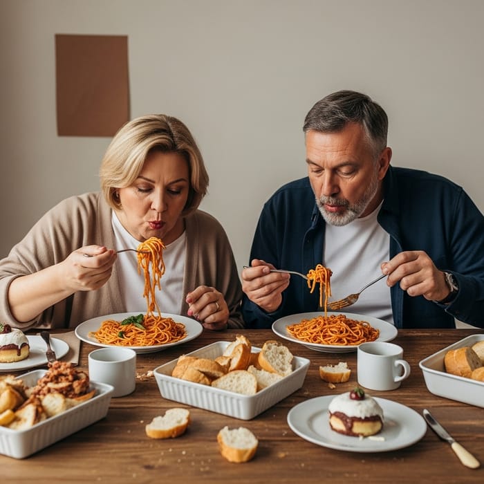 Happy Overweight Couple Enjoying Hearty Meal of Spaghetti, Bread, and Desserts Happy Overweight Couple Enjoying Hearty Meal of Spaghetti, Bread, and Desserts