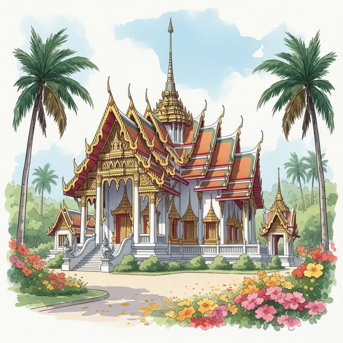 Serene Thai Temple - A Captivating Watercolor Interpretation Serene Thai Temple - A Captivating Watercolor Interpretation