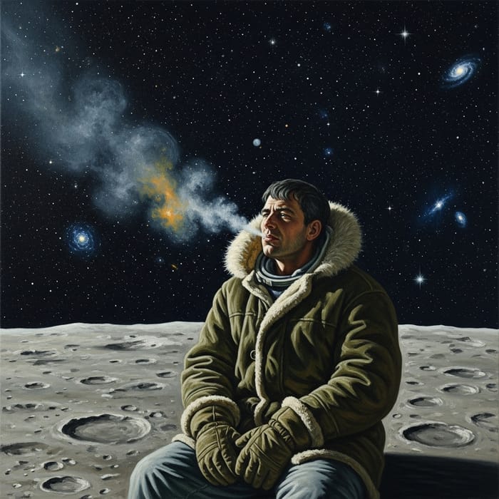 Russian Man in Pea Jacket Smoking on Moon in Space