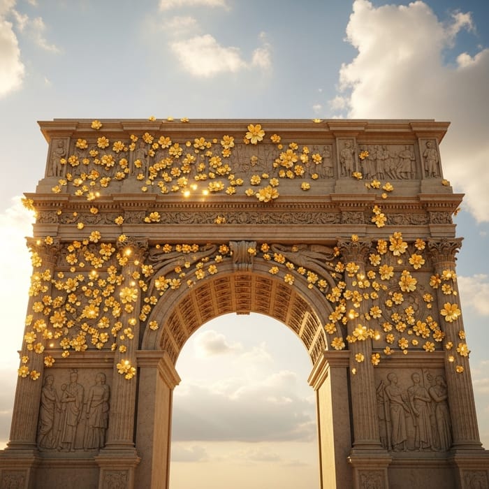 Majestic Roman Arch with Gold Flowers & Beautiful Clouds Majestic Roman Arch with Gold Flowers & Beautiful Clouds