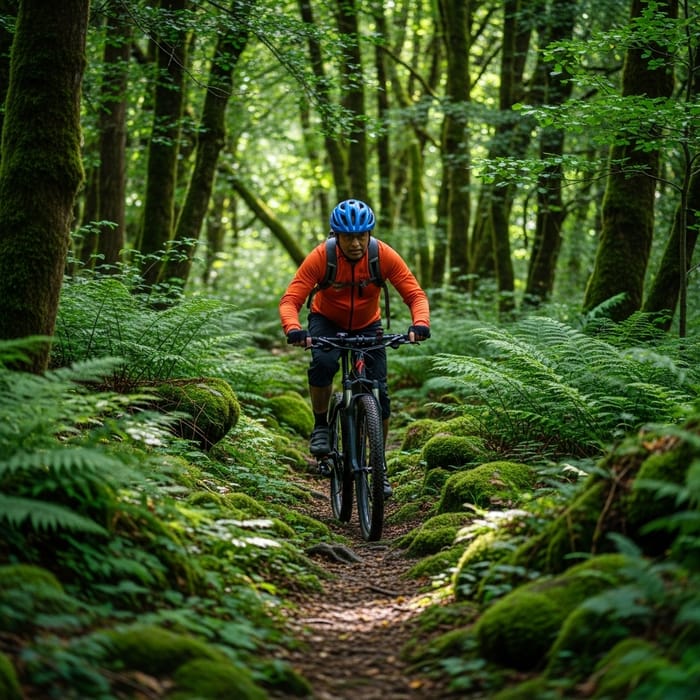 Exploring Nature: Cyclist In Lush Green Forest