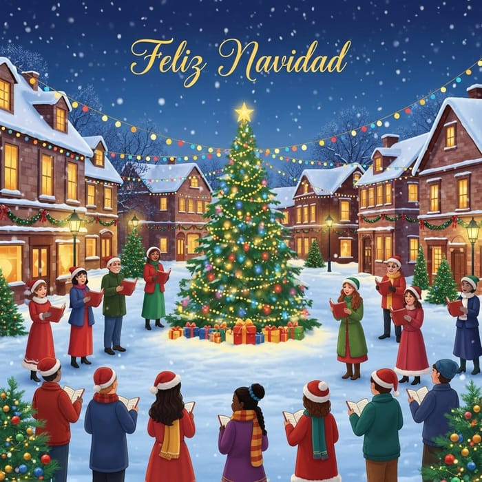 Festive Christmas Card with Snow-Covered Town and Carolers