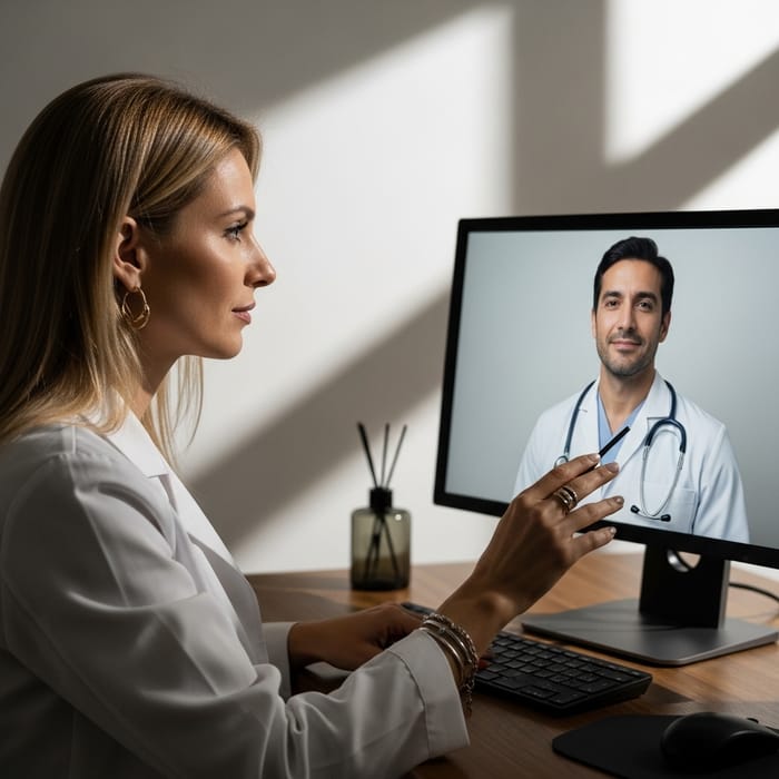Refined Blonde Psychologist in Teleconsultation with Sophisticated Physician Refined Blonde Psychologist in Teleconsultation with Sophisticated Physician