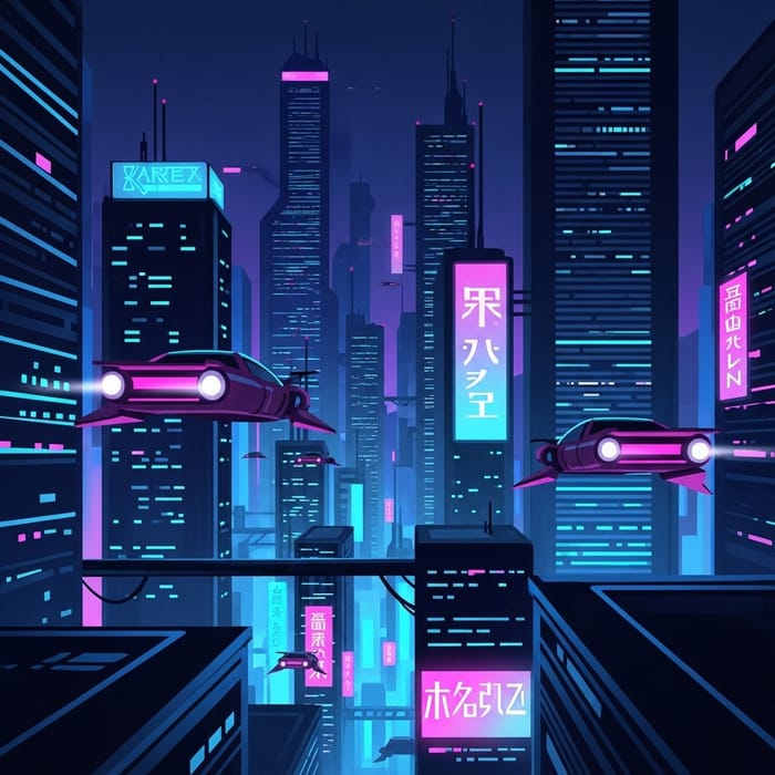 Futuristic Cyberpunk Cityscape: Neon Lights, Flying Cars & Excitement Futuristic Cyberpunk Cityscape: Neon Lights, Flying Cars & Excitement