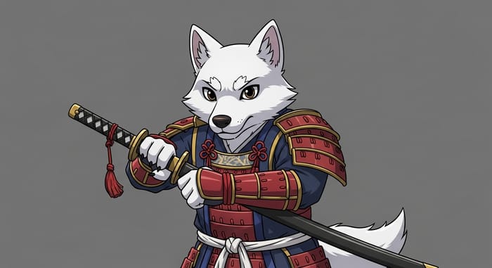 Determined White Samurai Wolf with Katana Determined White Samurai Wolf with Katana