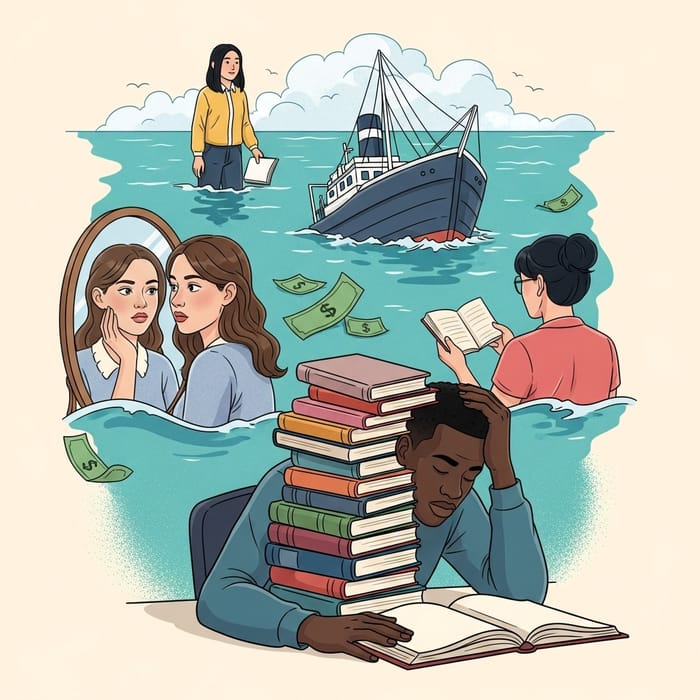 Common Struggles Depicted - Financial, Confidence, and Academic Problems
