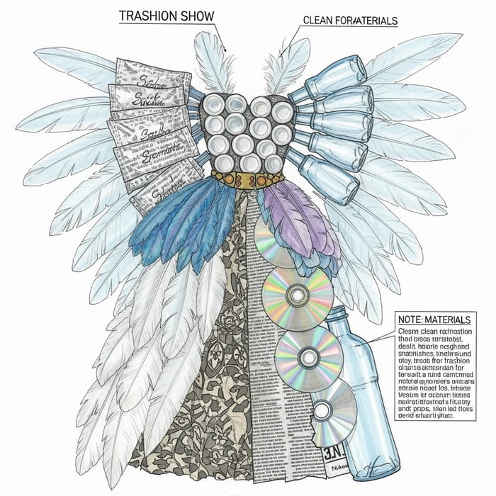 Upcycled Trashion Dress with Silver Sachets & Feather Details