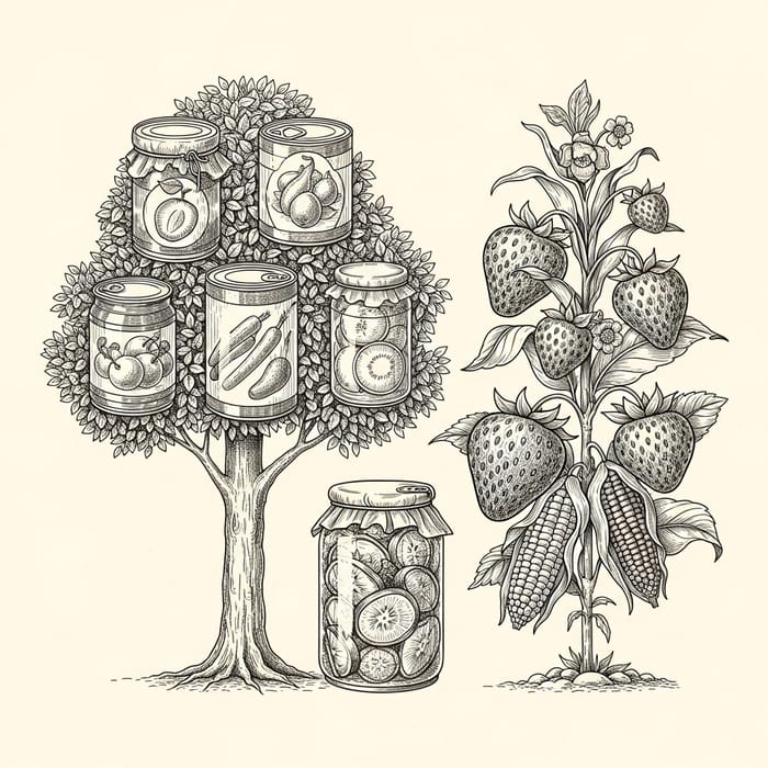 Unique GMO Products: Tree with Modified Fruits Drawing Unique GMO Products: Tree with Modified Fruits Drawing