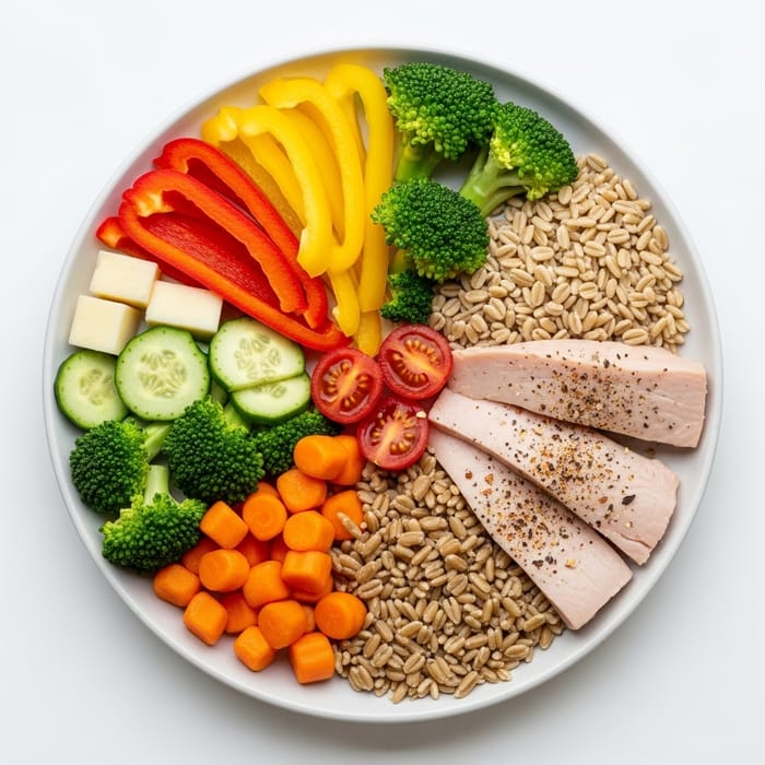 Healthy Plate: 50% Veggies & Fruits, 25% Lean Protein, 25% Whole Grains