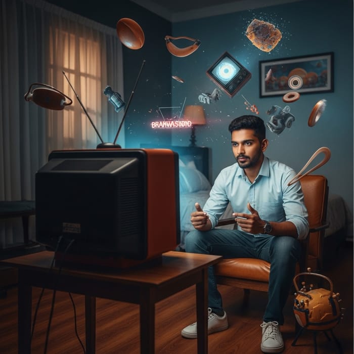 Dreamy South Asian Male Being Hypnotized by Retro TV | Surreal Art