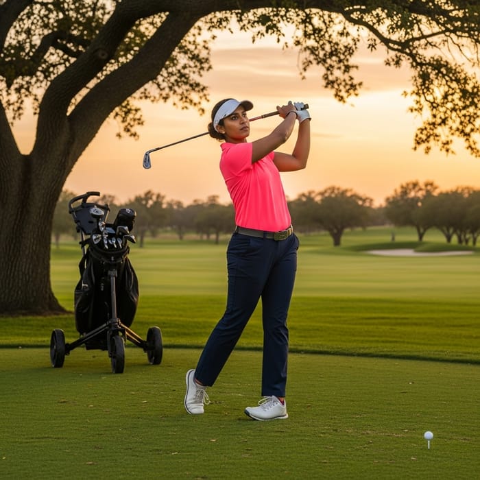 South Asian Golfer in Neon Pink Polo Swinging on Golf Course South Asian Golfer in Neon Pink Polo Swinging on Golf Course