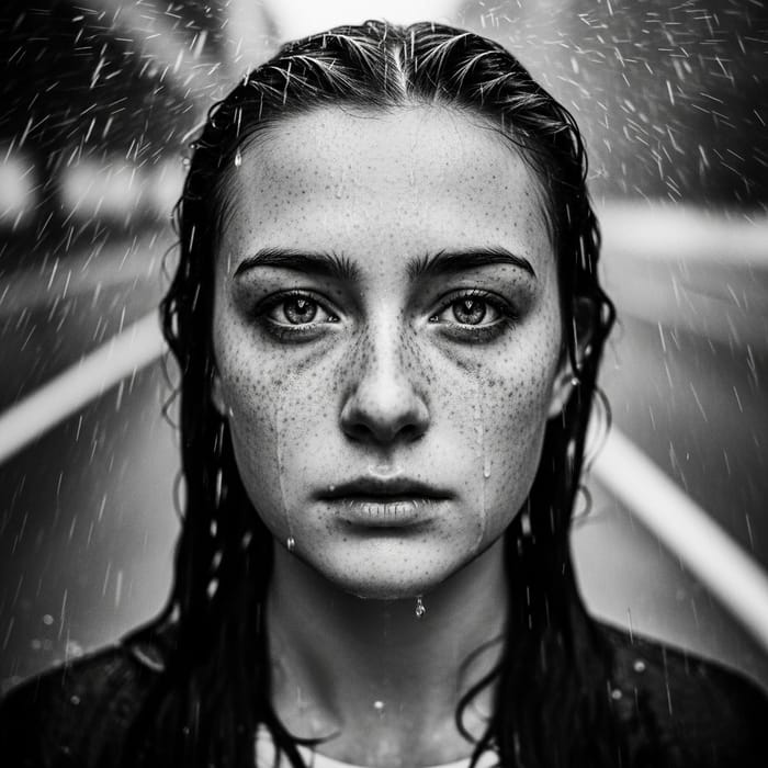 Emotional Rainfall Portrait of Freckled Young Woman in 4k Black and White Emotional Rainfall Portrait of Freckled Young Woman in 4k Black and White