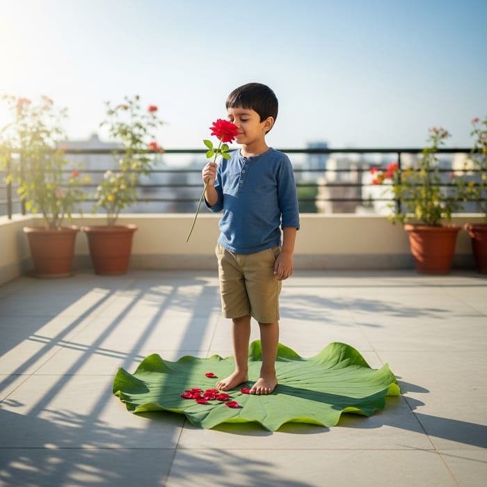 Boy with Rose Flower on Lotus Leaf in Tranquil Terrace Boy with Rose Flower on Lotus Leaf in Tranquil Terrace