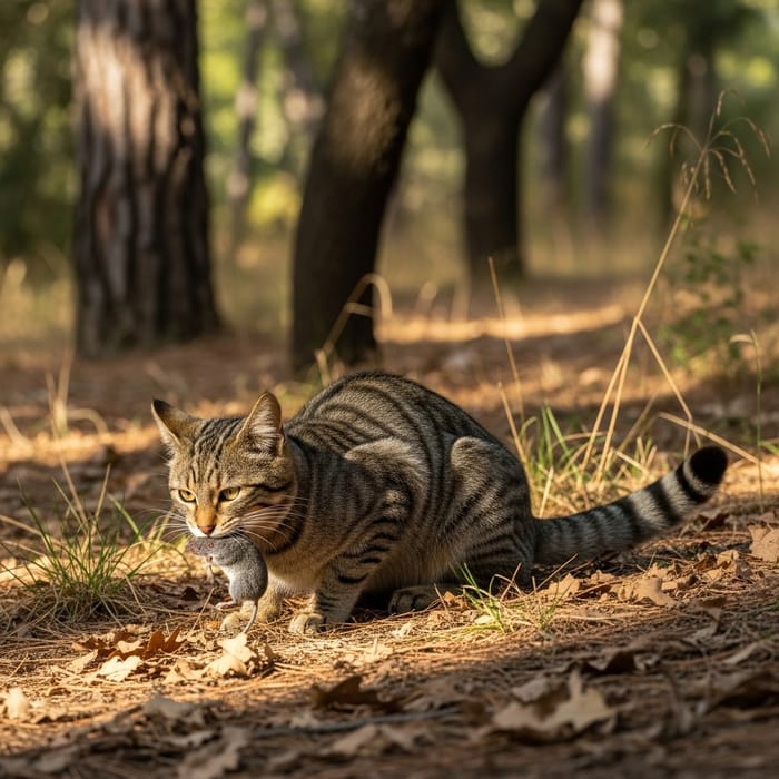 Wildcat in Mediterranean Forest Eating a Shrew Wildcat in Mediterranean Forest Eating a Shrew