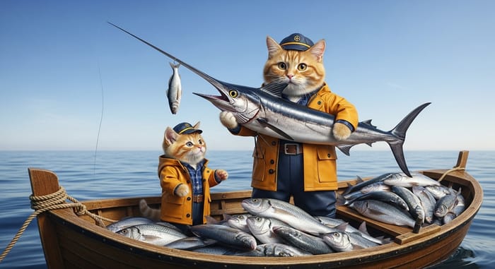 Ginger Cat and Kitten Fishing in Serene Sea | Realistic Art