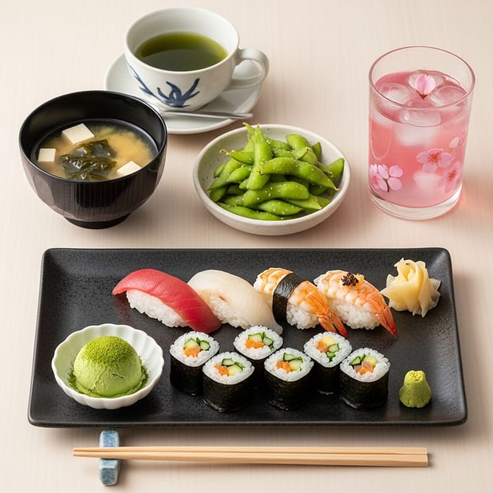 Exquisite Japanese Culinary Harmony: Miso Soup, Sushi, Edamame & Matcha Ice Cream Delights Exquisite Japanese Culinary Harmony: Miso Soup, Sushi, Edamame & Matcha Ice Cream Delights