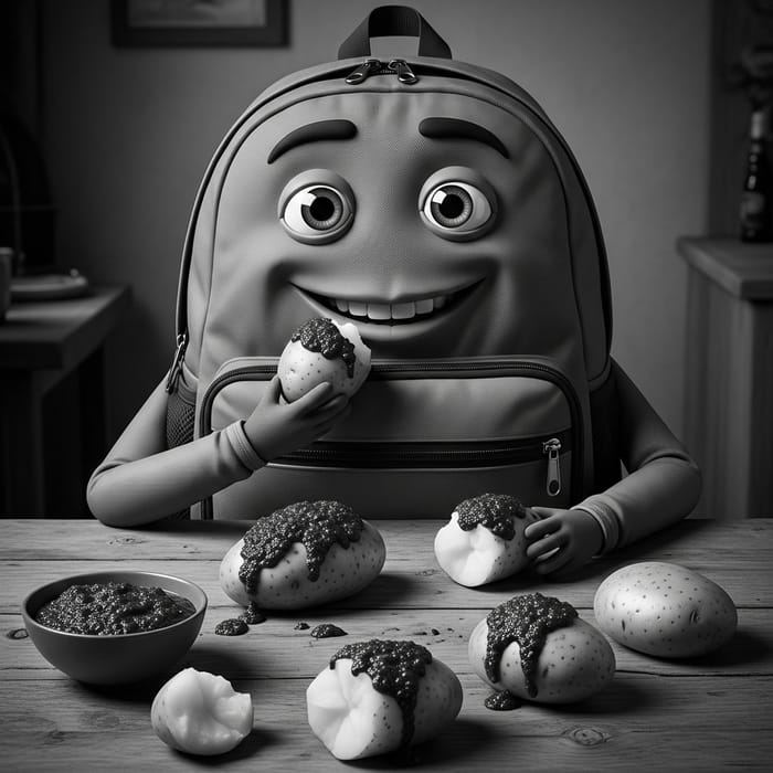 Backpack Enjoying Boiled Potatoes with Mojo Picon in Black and White