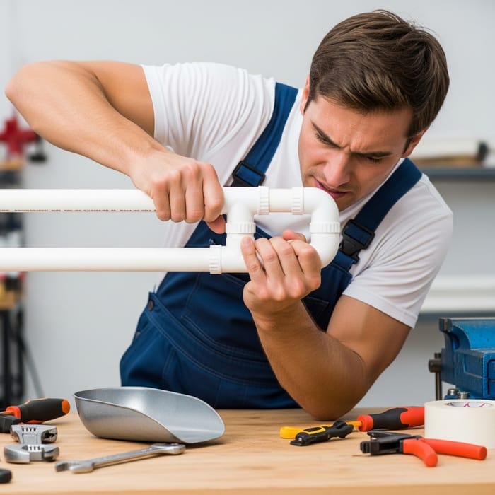 Handyman Demonstrating Assembly of PVC Pipes - Step-by-Step Guide Handyman Demonstrating Assembly of PVC Pipes - Step-by-Step Guide