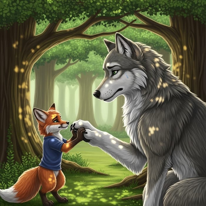 Anthropomorphic Fox and Wolf in Peaceful Forest Scene Anthropomorphic Fox and Wolf in Peaceful Forest Scene