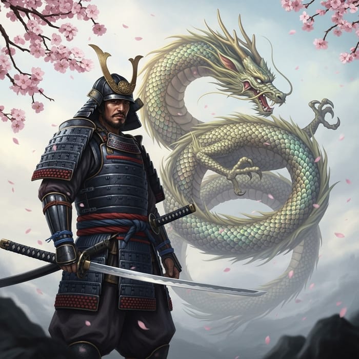 Samurai Warrior with Dragon - A Scene of Ancient Power and Wisdom Samurai Warrior with Dragon - A Scene of Ancient Power and Wisdom