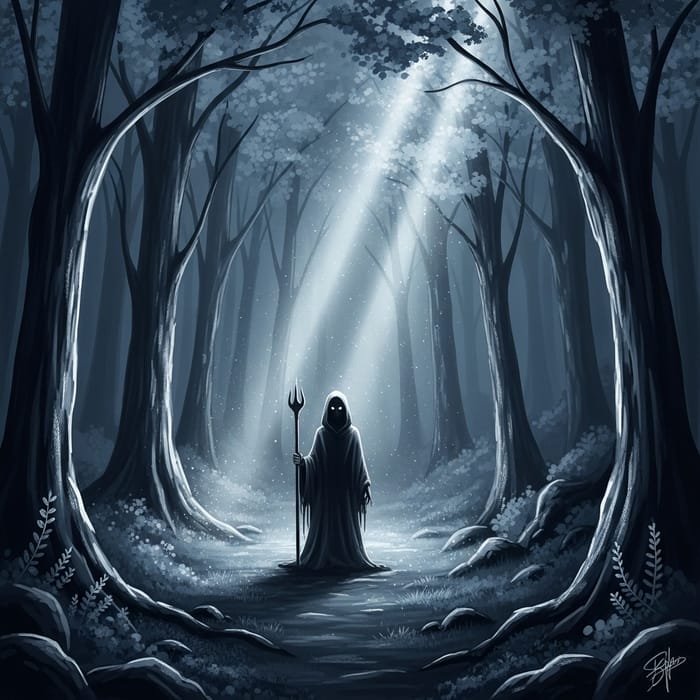 Moonlit Forest Fantasy Scene | Silver & Blue Tones, Digital Art