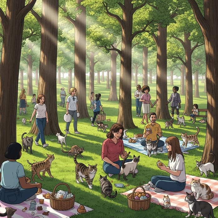 Humans and Cats Harmoniously Coexisting in Park Scene Humans and Cats Harmoniously Coexisting in Park Scene