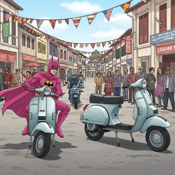 Batman on Pink Vespa in Malaysian Town Party Scene Batman on Pink Vespa in Malaysian Town Party Scene