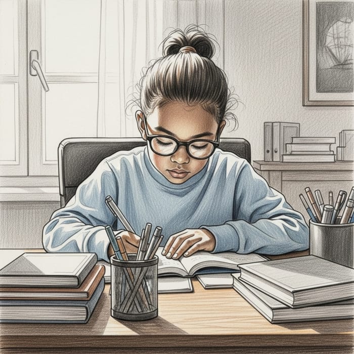 Child Studying Drawing | Educational Illustration