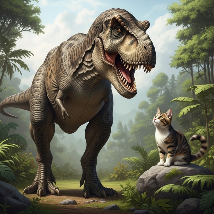 T-Rex and Cat Meeting in Ancient Jungle T-Rex and Cat Meeting in Ancient Jungle