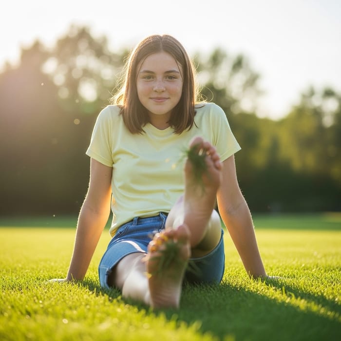 Freckled Teenage Girl Sitting on Grass Playfully Kicking Bare Feet