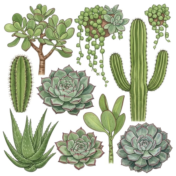 Detailed Watercolor Painting of Succulent Plants Detailed Watercolor Painting of Succulent Plants