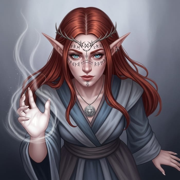 Mystical Red-Haired Eladrin Moon Sorceress Artwork