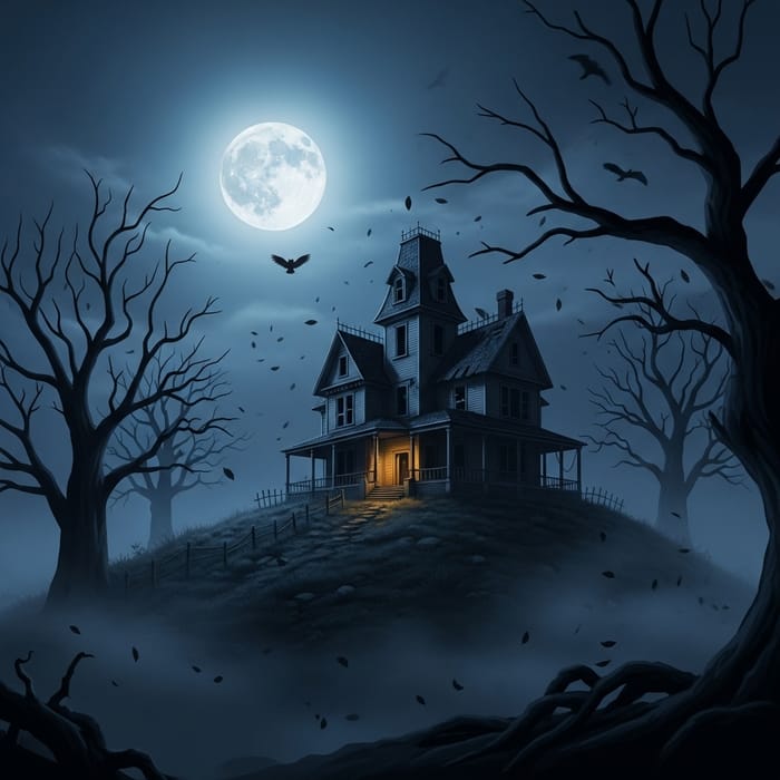 Horror Abandoned Mansion on Haunted Hill - Moonlit Scene