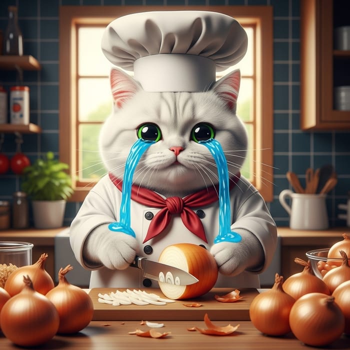Realistic British Cat Cutting Onions | Chubby Chef Cat with Blue Tears