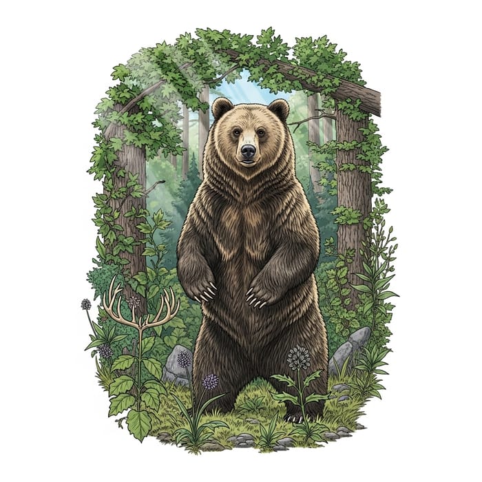 Detailed Grizzly Bear Illustration in Natural Habitat