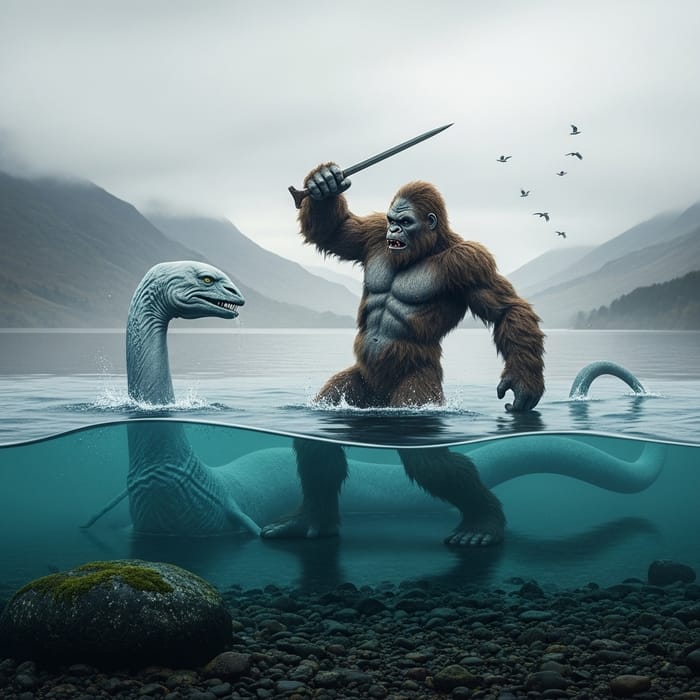Epic Battle: Bigfoot vs Loch Ness Monster in Scottish Highlands Epic Battle: Bigfoot vs Loch Ness Monster in Scottish Highlands