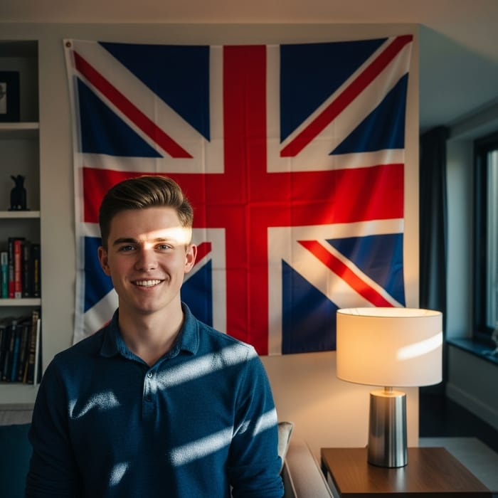Caucasian Male in Modern Home with British Flag Background Caucasian Male in Modern Home with British Flag Background