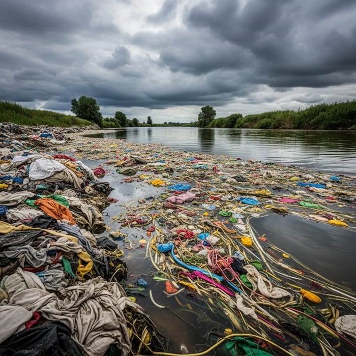 Devastating Pollution Scene: River Polluted by Synthetic Fibers Devastating Pollution Scene: River Polluted by Synthetic Fibers