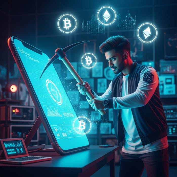 Modern Guy Mining Cryptocurrency with Pickaxe on Giant Smartphone Modern Guy Mining Cryptocurrency with Pickaxe on Giant Smartphone