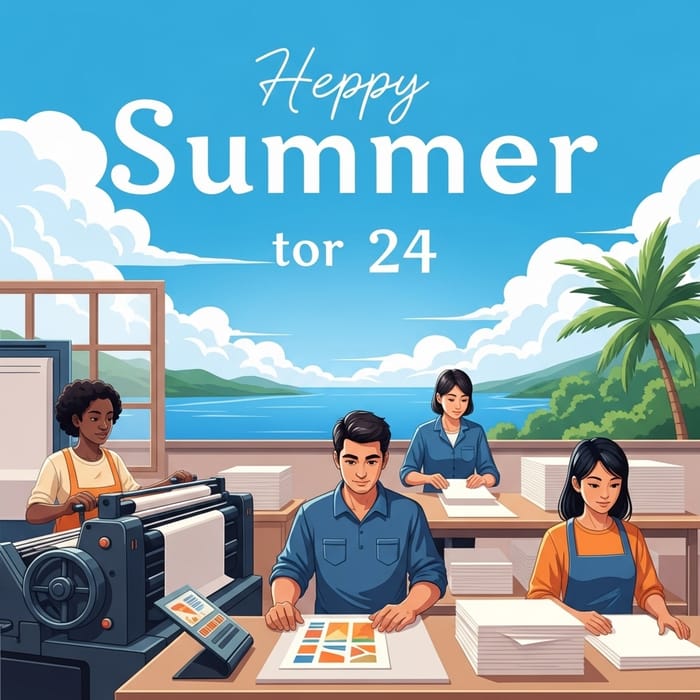 2024 Print Company Summer Greetings: Charming Scene with Diverse Workers 2024 Print Company Summer Greetings: Charming Scene with Diverse Workers