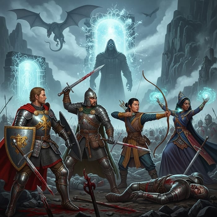 Courageous Medieval Heroes Battle Giant Villain in Dark Art Scene