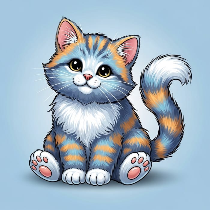 Cute Cartoon Cat Illustration with Fluffy Fur